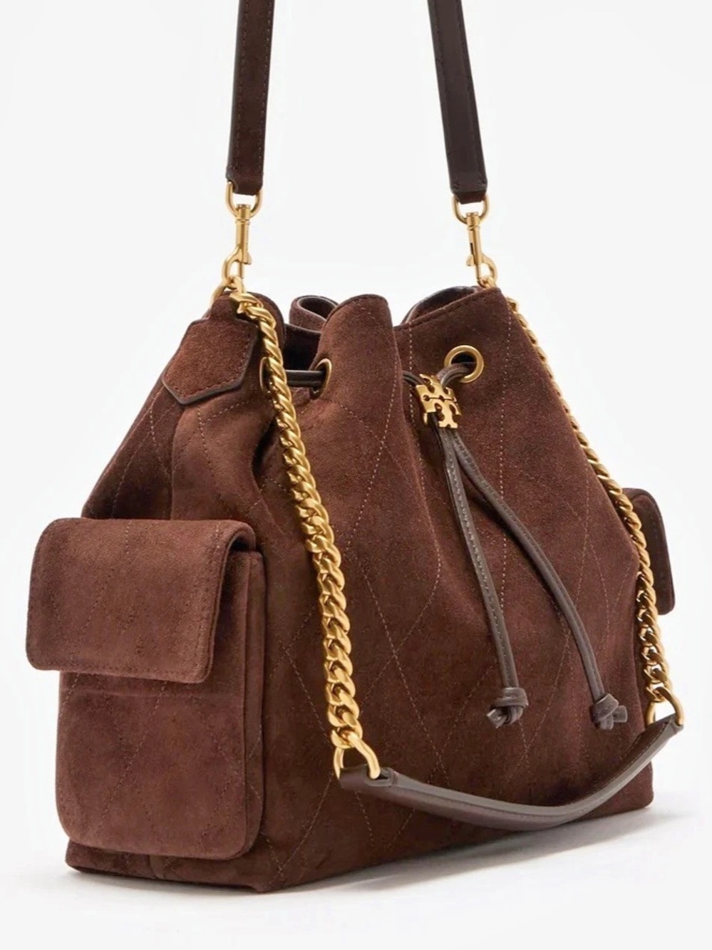 Tory Burch Charlie Quilted Suede Drawstring Shoulder Bag Brown - Picture 2 of 4